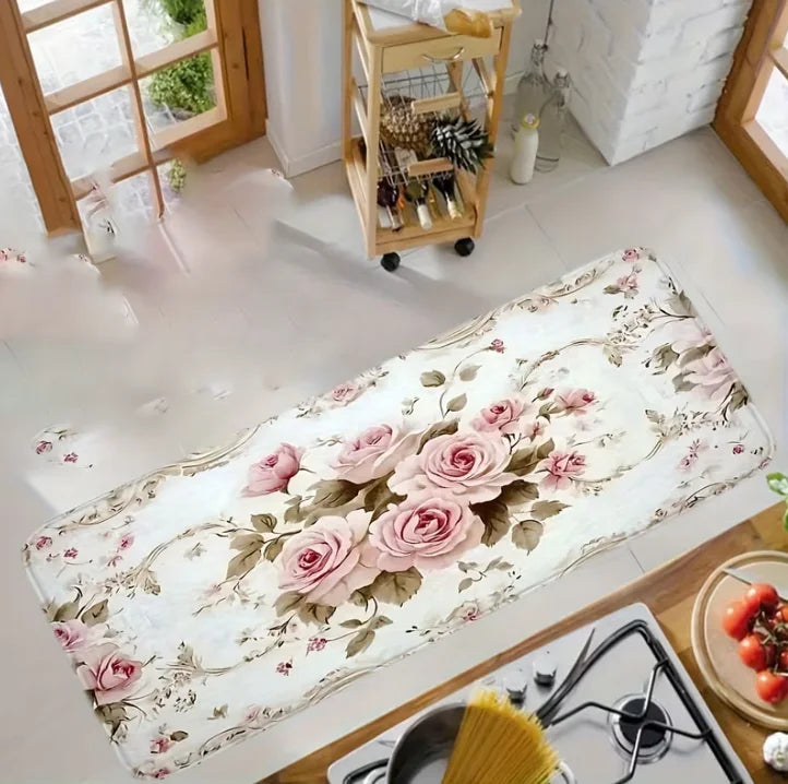 American Style Floor Mat with Pink Rose Flower and Anti Slip Home Decor Door Mat Suitable Bedroom Living Room Kitchen Entrance