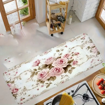 American Style Floor Mat with Pink Rose Flower and Anti Slip Home Decor Door Mat Suitable Bedroom Living Room Kitchen Entrance