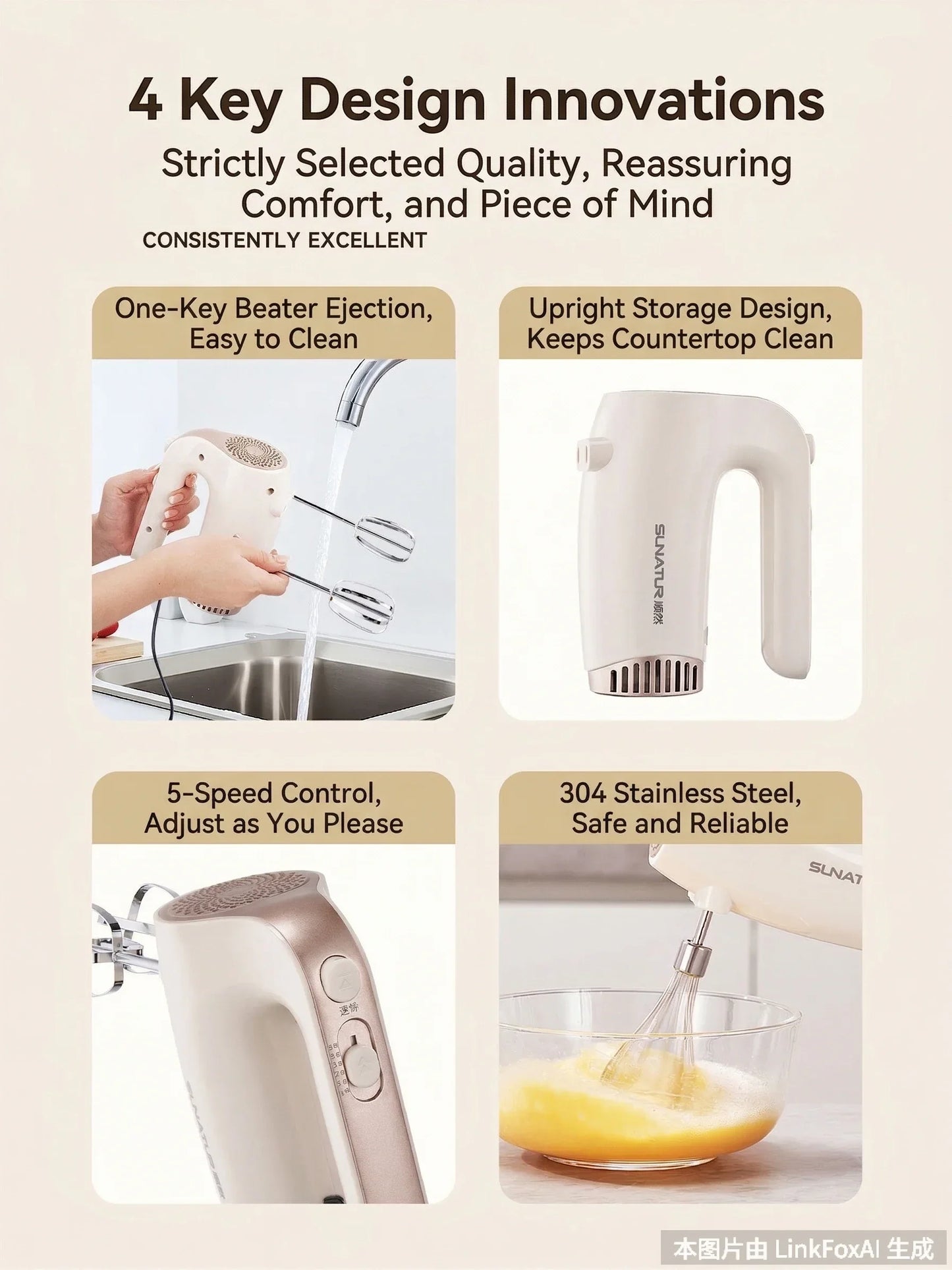 SUNATUR 3-in-1 Electric Hand Mixer 350W Egg Beater Cream Whipper Portable Kitchen Mixer with Storage Base for Home Baking