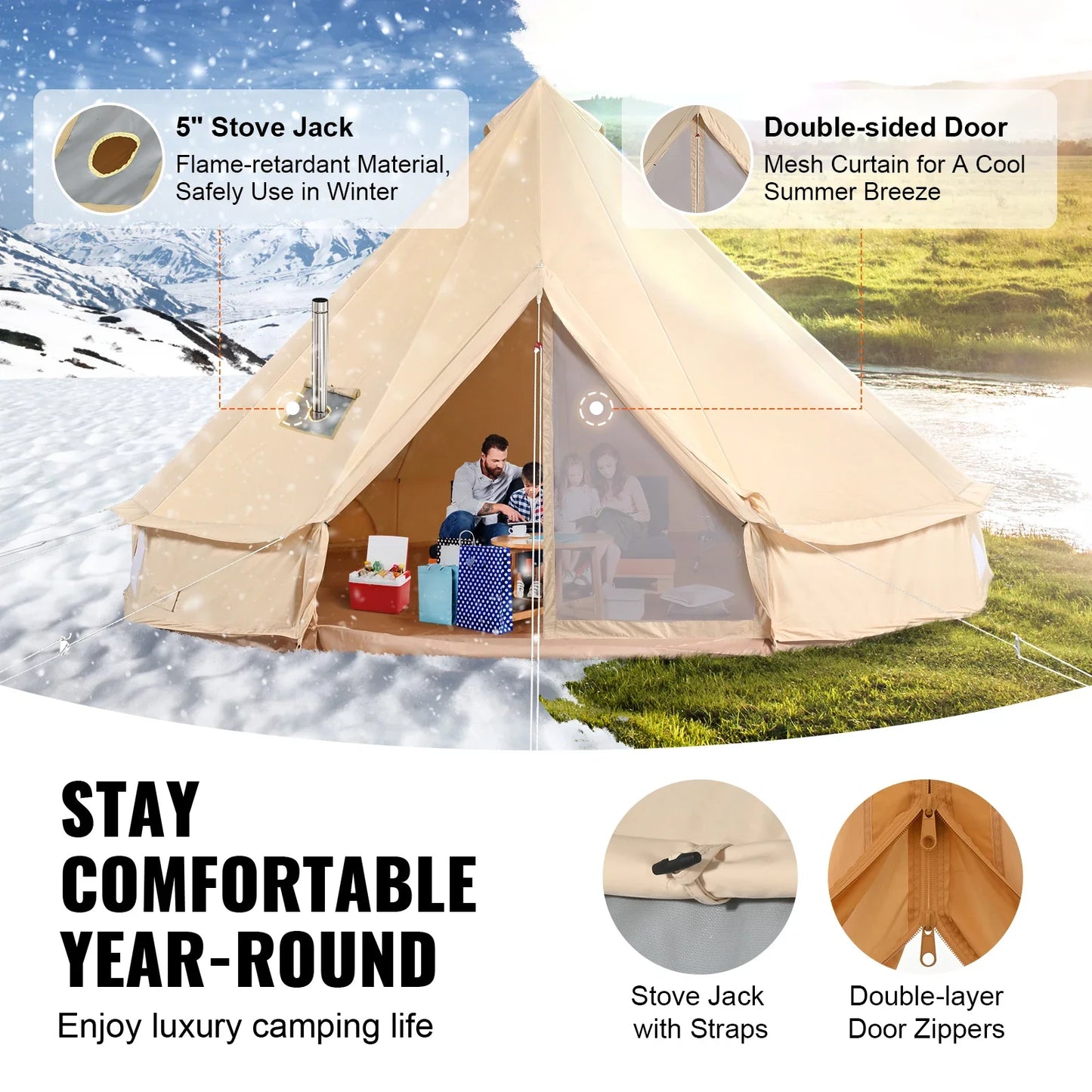 SucceBuy Canvas Bell Tent For Four Season Camping Yurt