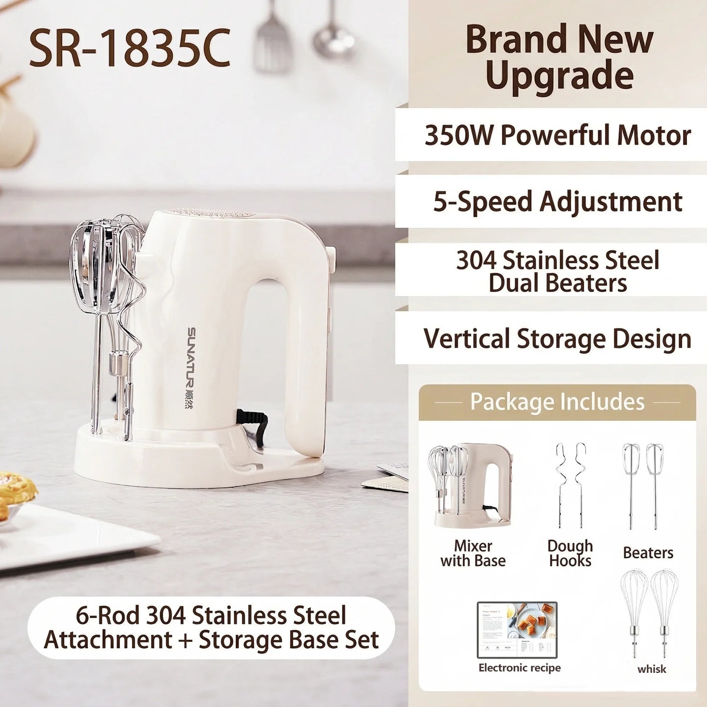 SUNATUR 3-in-1 Electric Hand Mixer 350W Egg Beater Cream Whipper Portable Kitchen Mixer with Storage Base for Home Baking