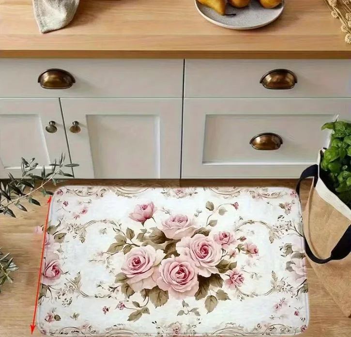 American Style Floor Mat with Pink Rose Flower and Anti Slip Home Decor Door Mat Suitable Bedroom Living Room Kitchen Entrance