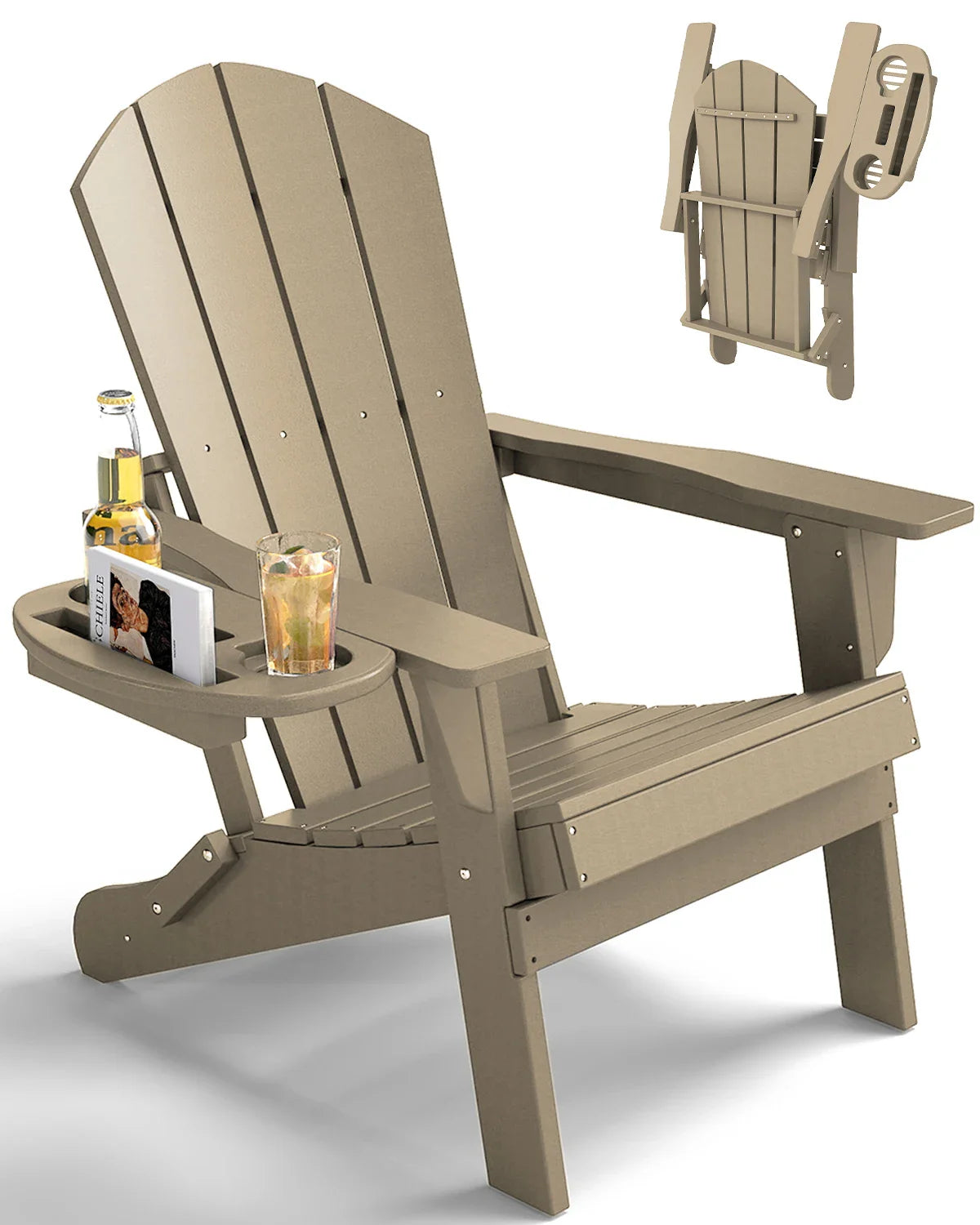 FOOWIN Folding Adirondack Chair With Cup Holder Outdoor