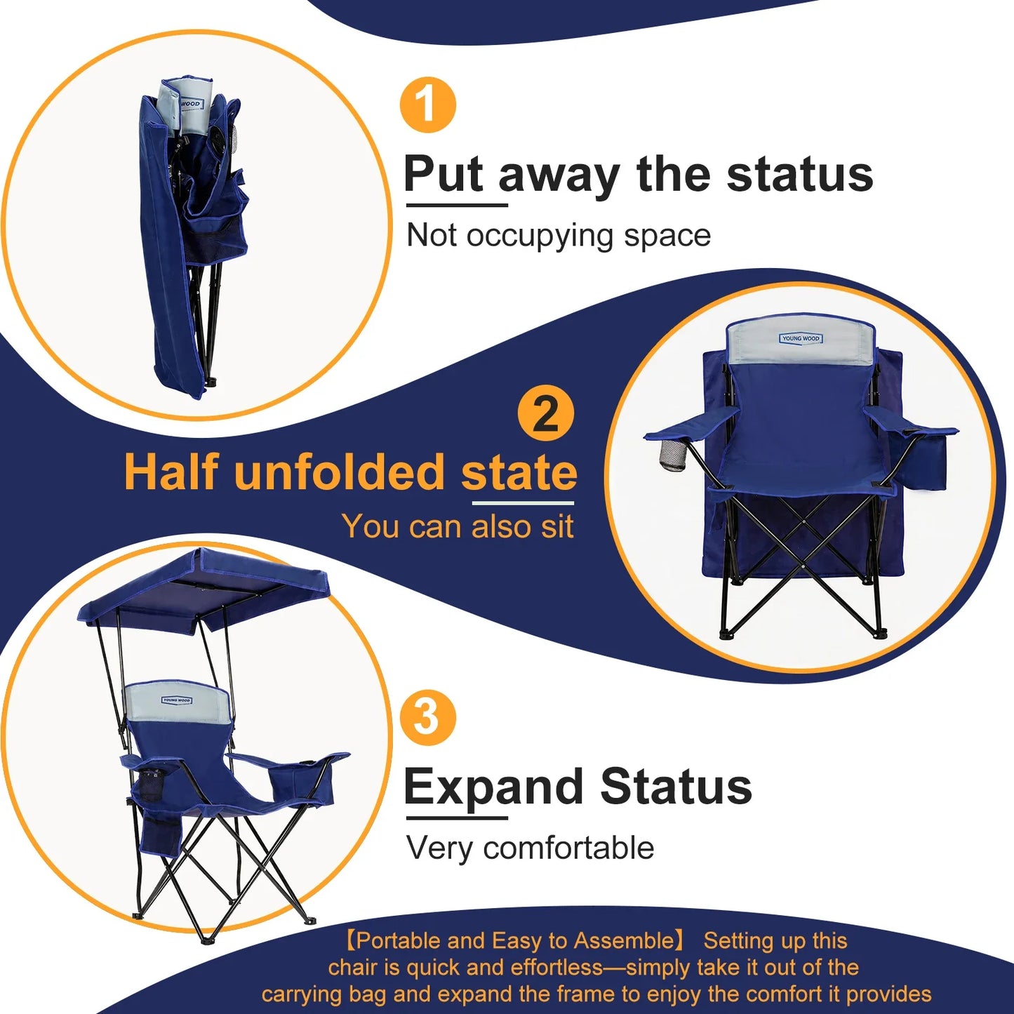 GERC Foldable Camping Chair With Sun Shade, Cooler Bag And Cup Holder Pocket