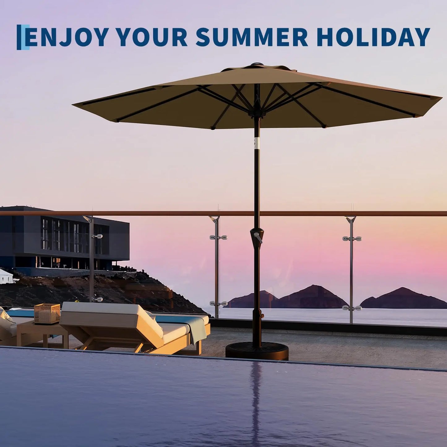 9FT Patio Umbrella With Crank & Tilt, Outdoor Market Umbrella, UV Protection Waterproof For Pool Deck, 8 Ribs Iron Frame