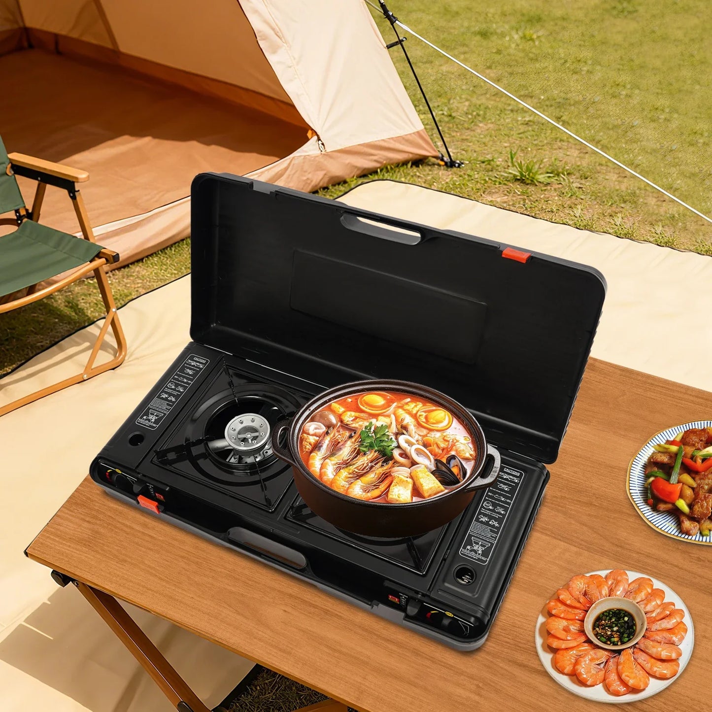 2 Burner Stove With Piezo Ignition Baking Tray Carrying Case
