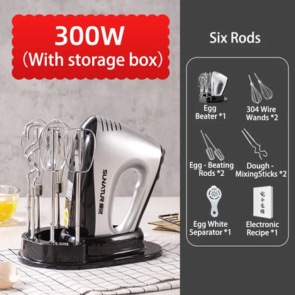 SUNATUR 300W Electric Hand Mixer - 5-Speed Egg Beater with Storage Base&Stainless Steel Attachments