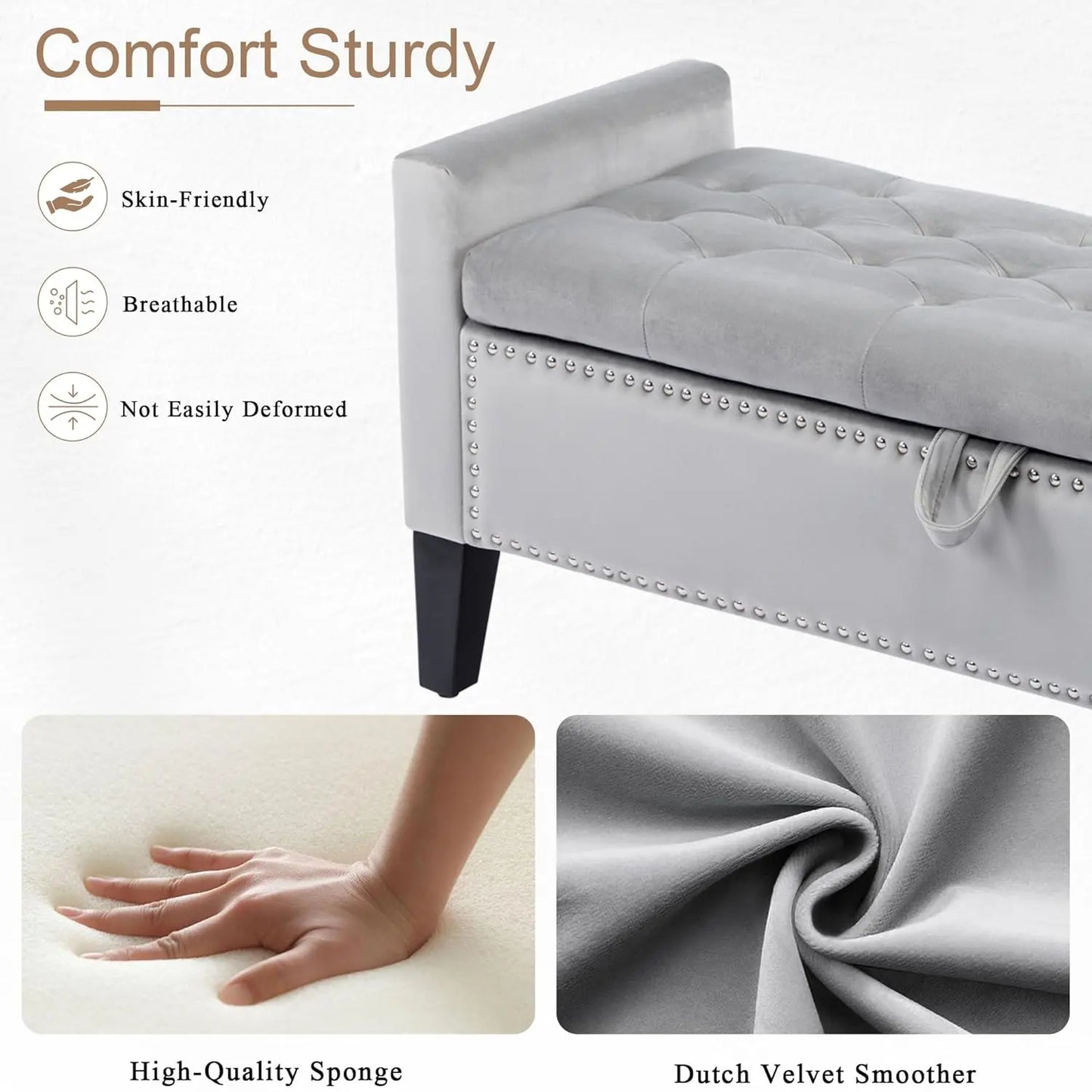Velvet Storage Ottoman Bench With Button Tufting For Bedroom