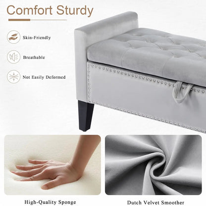 Velvet Storage Ottoman Bench With Button Tufting For Bedroom
