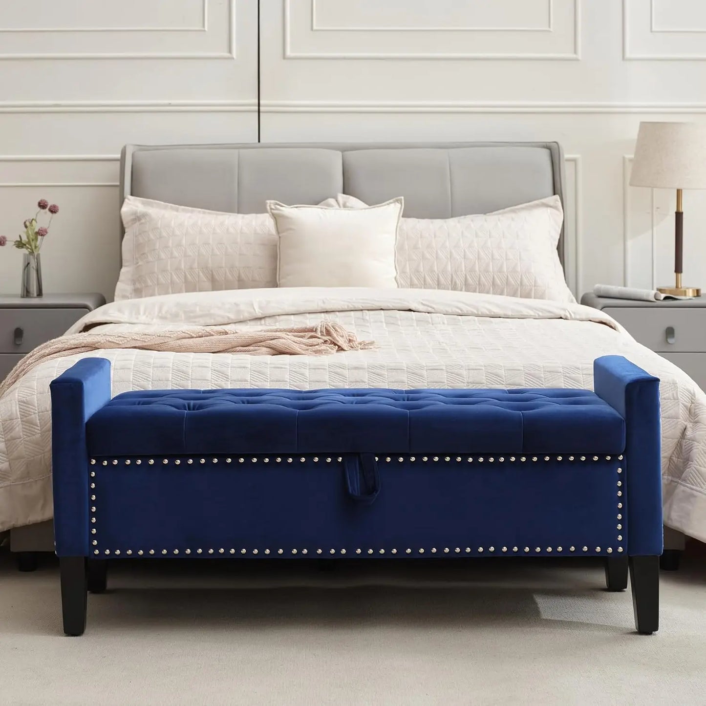 Velvet Storage Ottoman Bench With Button Tufting For Bedroom