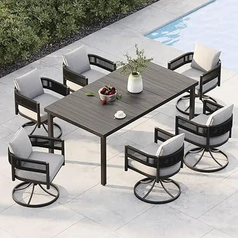 Outdoor Dining Set With Woven Metal Chairs And Cushions