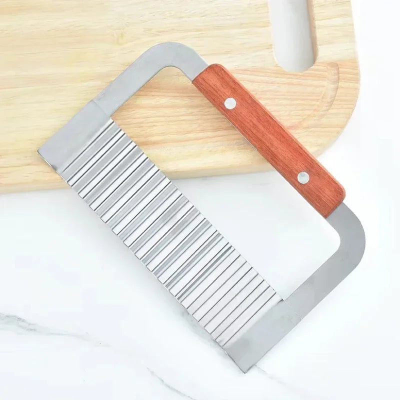 Stainless Steel Wooden Handle Wave Knife Wolf Tooth Potato Knife Potato Chip Cutting Wave Knife Potato Chopper Kitchen Tool