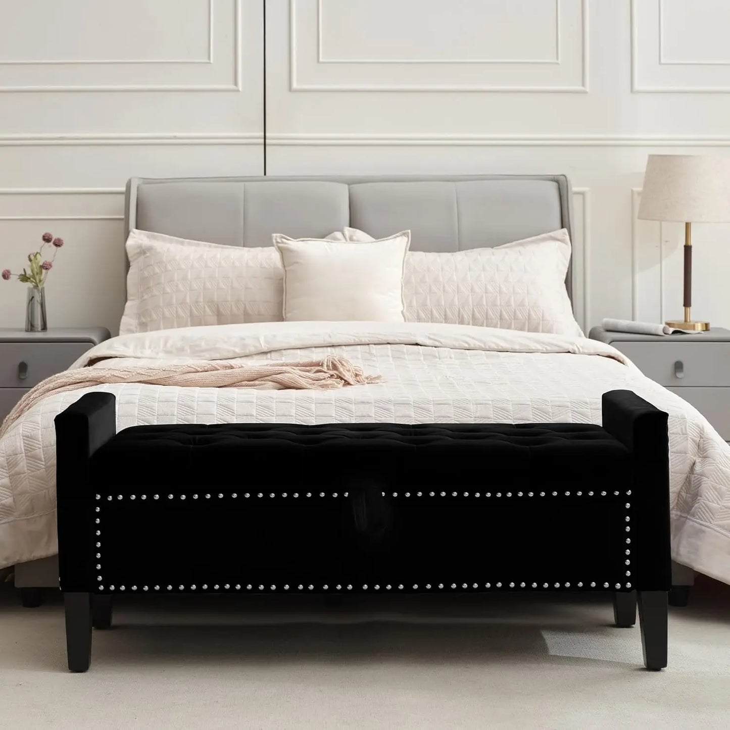 Velvet Storage Ottoman Bench With Button Tufting For Bedroom