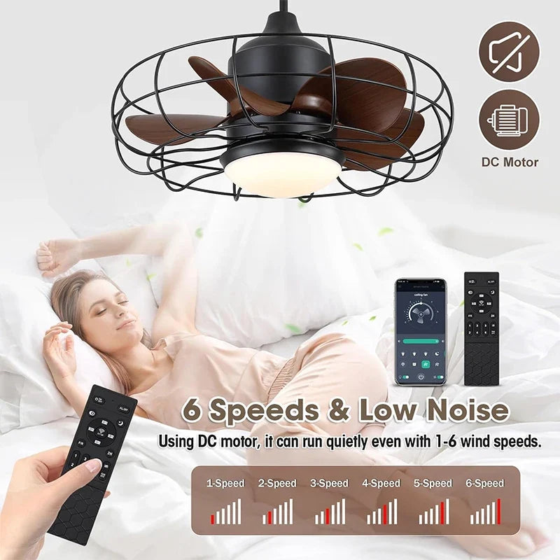 Industrial Style Ceiling Fan with Light and Remote Control Black Round Cage Outdoor Waterproof Fan with Hook for Patios Porch