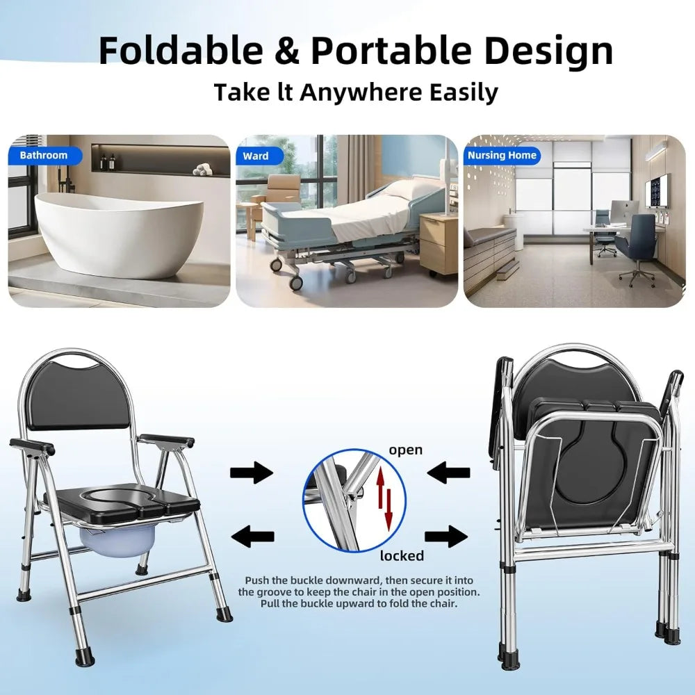 XMSJ 4 In 1 Folding Bedside Commode Chair Adjustable Height