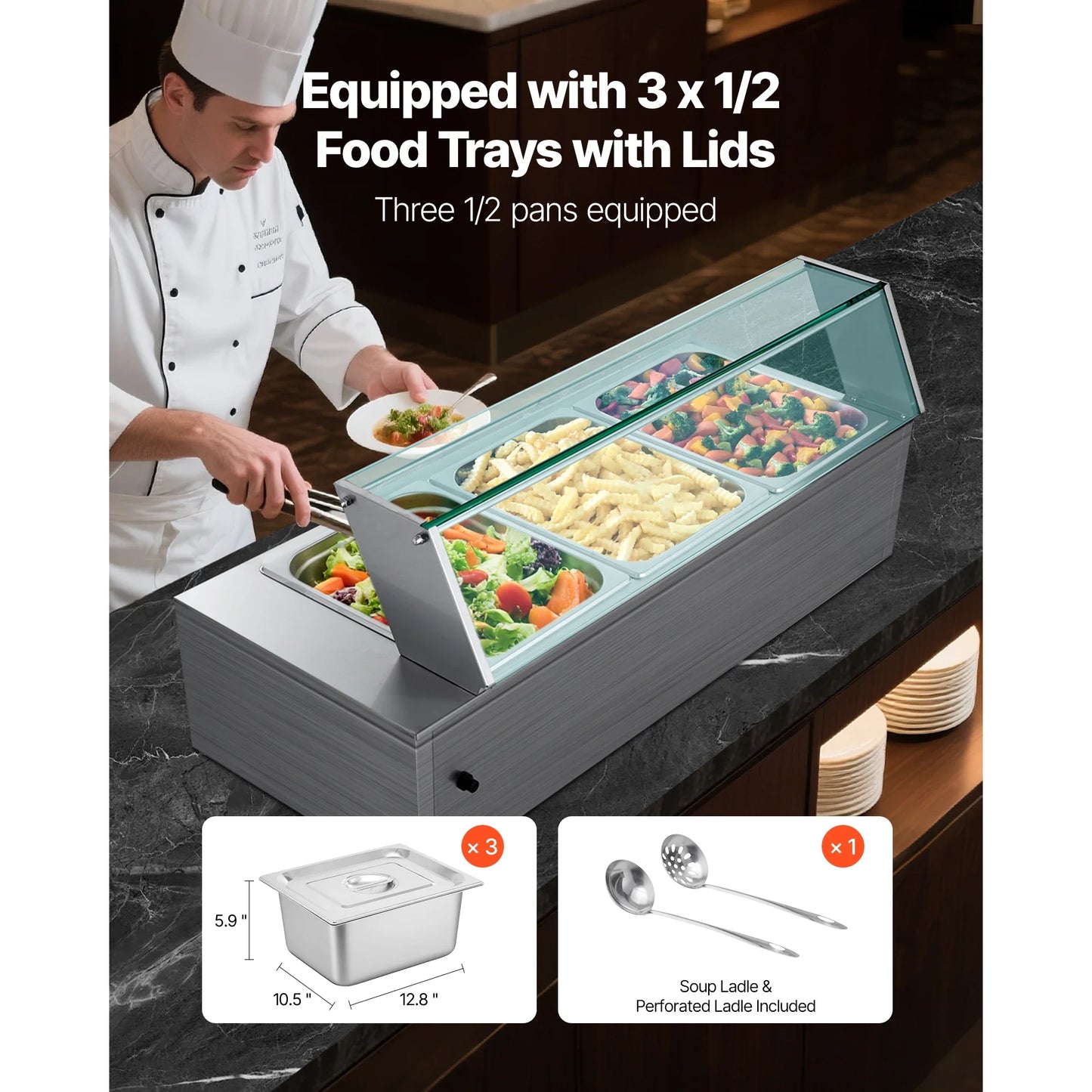 SucceBuy Commercial Food Warmer Stainless Steel Buffet With Glass Cover