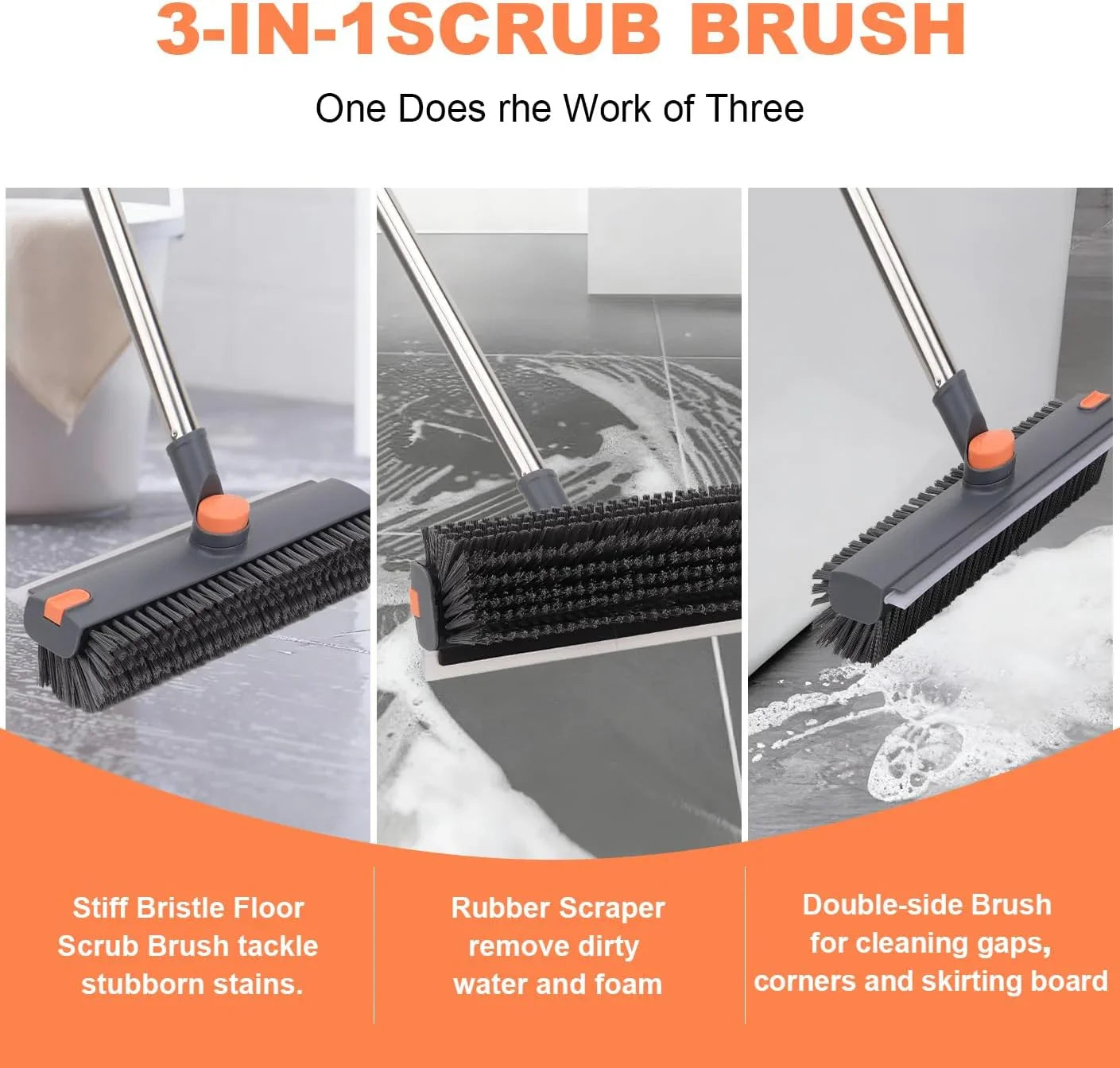Floor Scrub Brush With Long Handle 3-In-1 Heavy Duty Scrubber