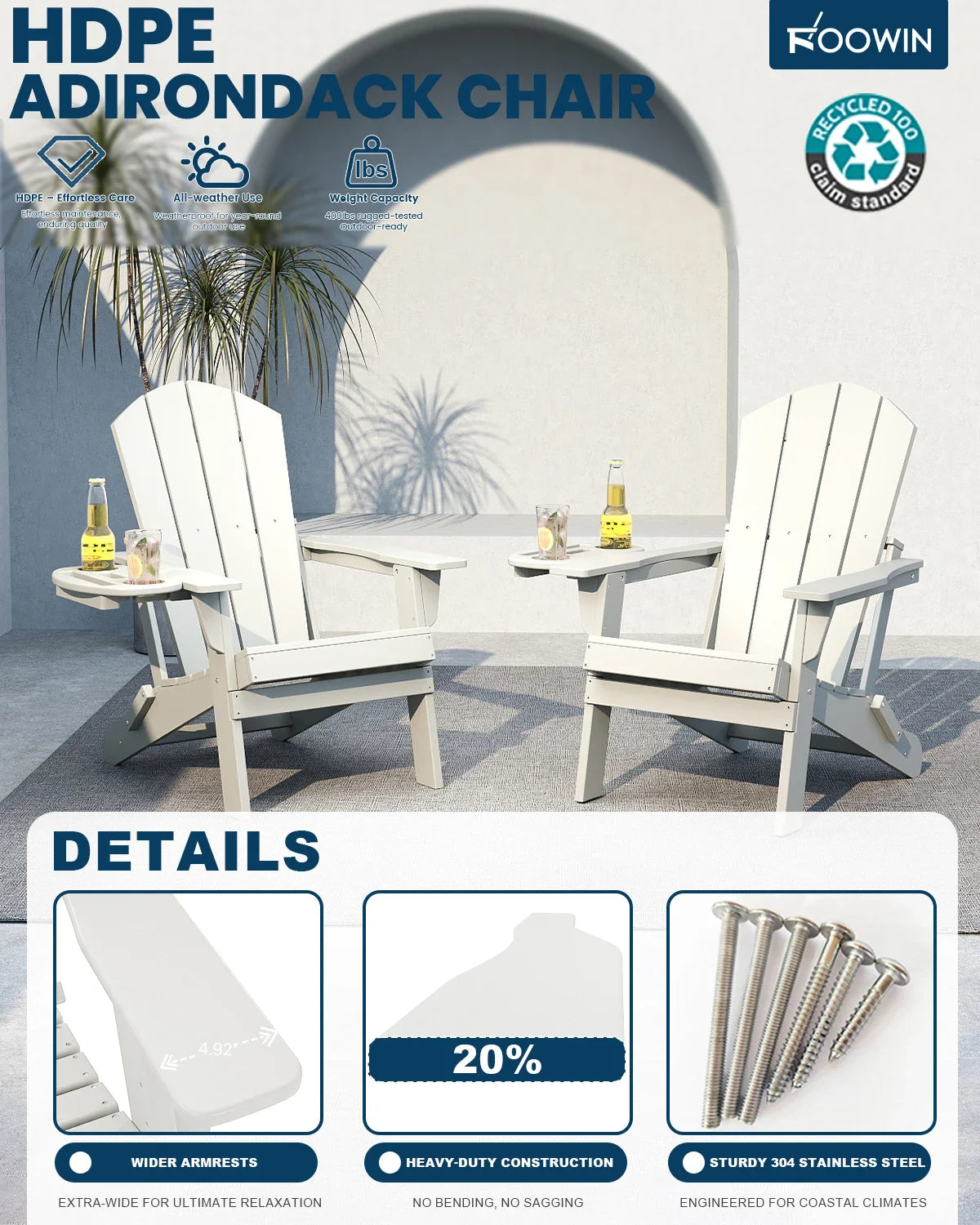 FOOWIN Folding Adirondack Chair With Cup Holder Outdoor