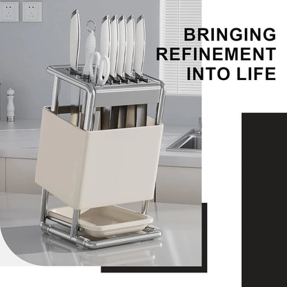 Knife Block with Drain Tray, Knife Holder without Knives, Kitchen Storage Knife Rack Decoration, Slanted Knife Stand