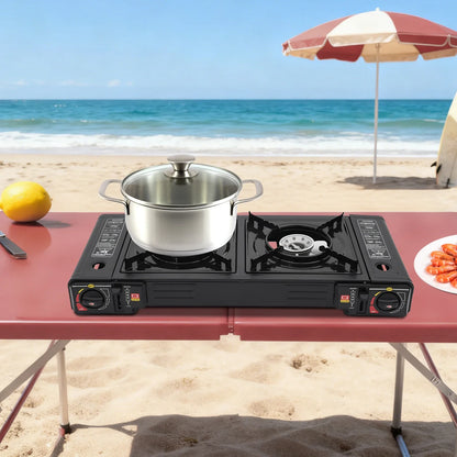 2 Burner Stove With Piezo Ignition Baking Tray Carrying Case