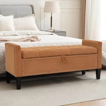 Velvet Storage Ottoman Bench With Button Tufting For Bedroom