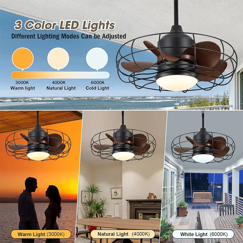 Industrial Style Ceiling Fan with Light and Remote Control Black Round Cage Outdoor Waterproof Fan with Hook for Patios Porch