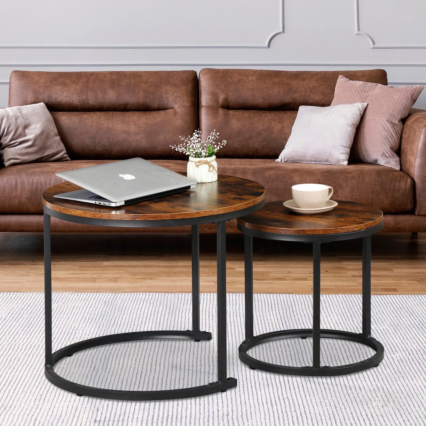 Nesting Coffee Tables 2 With Wooden Tops And Metal Frames