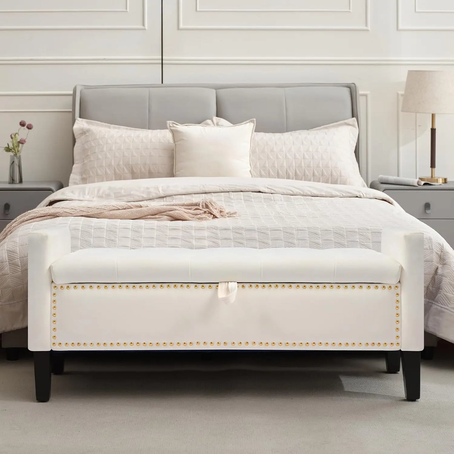 Velvet Storage Ottoman Bench With Button Tufting For Bedroom