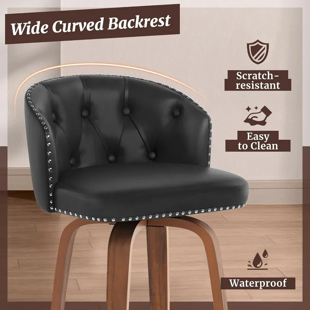 Wood Swivel Bar Stools Set With Faux Leather Upholstery