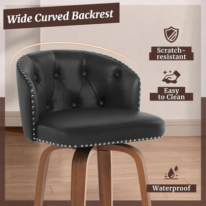 Wood Swivel Bar Stools Set With Faux Leather Upholstery