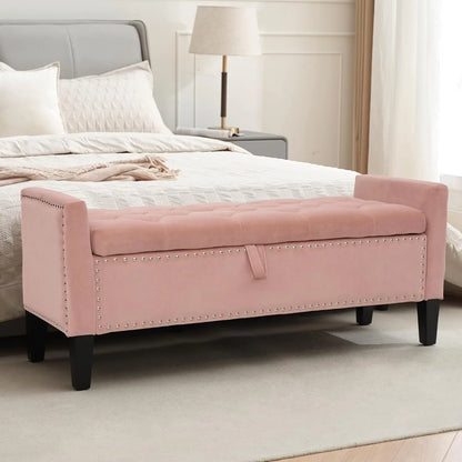 Velvet Storage Ottoman Bench With Button Tufting For Bedroom