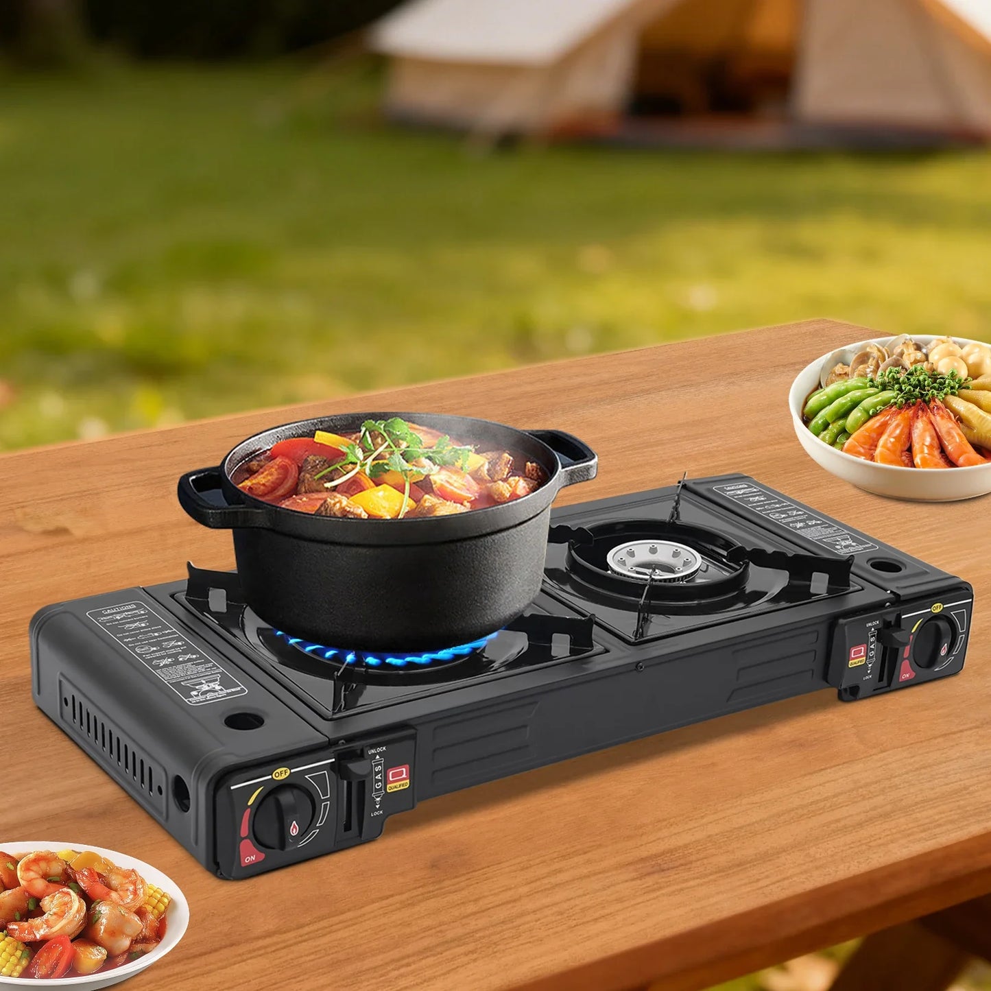 2 Burner Stove With Piezo Ignition Baking Tray Carrying Case
