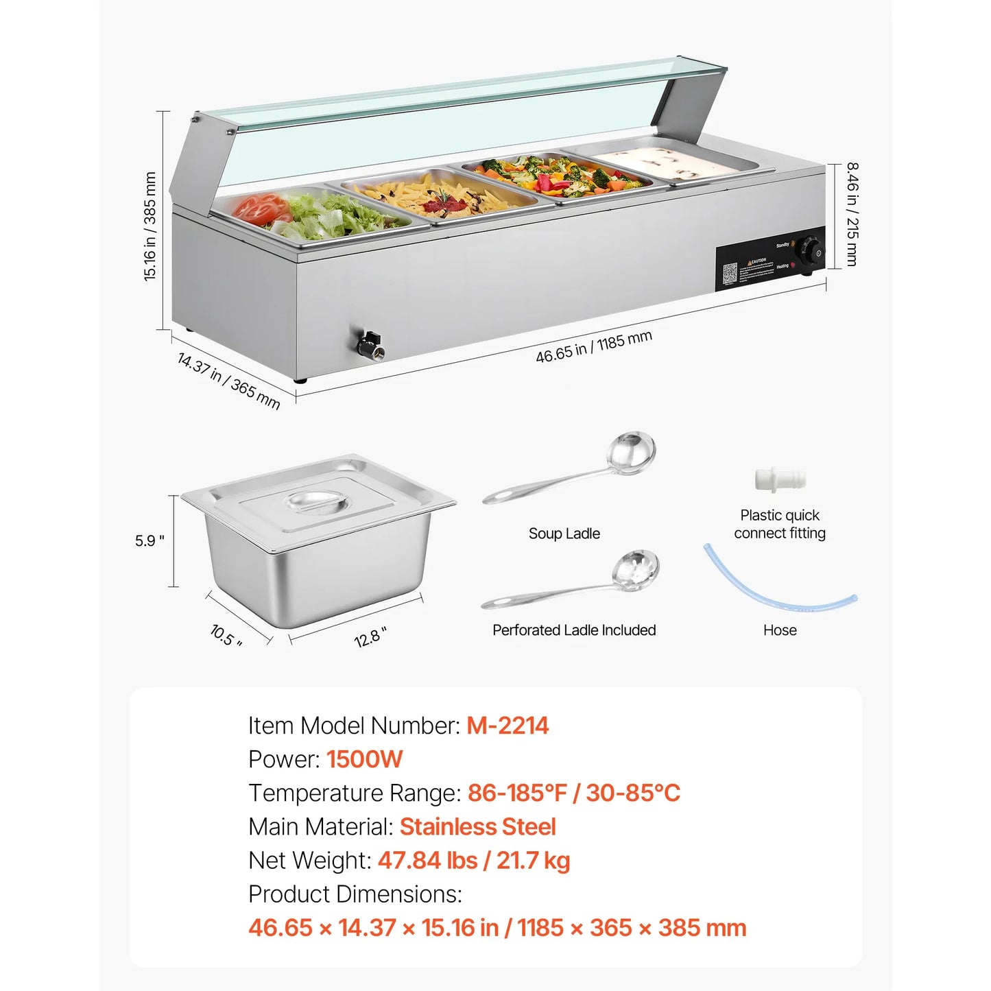 SucceBuy Commercial Food Warmer Stainless Steel Buffet With Glass Cover
