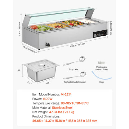 SucceBuy Commercial Food Warmer Stainless Steel Buffet With Glass Cover