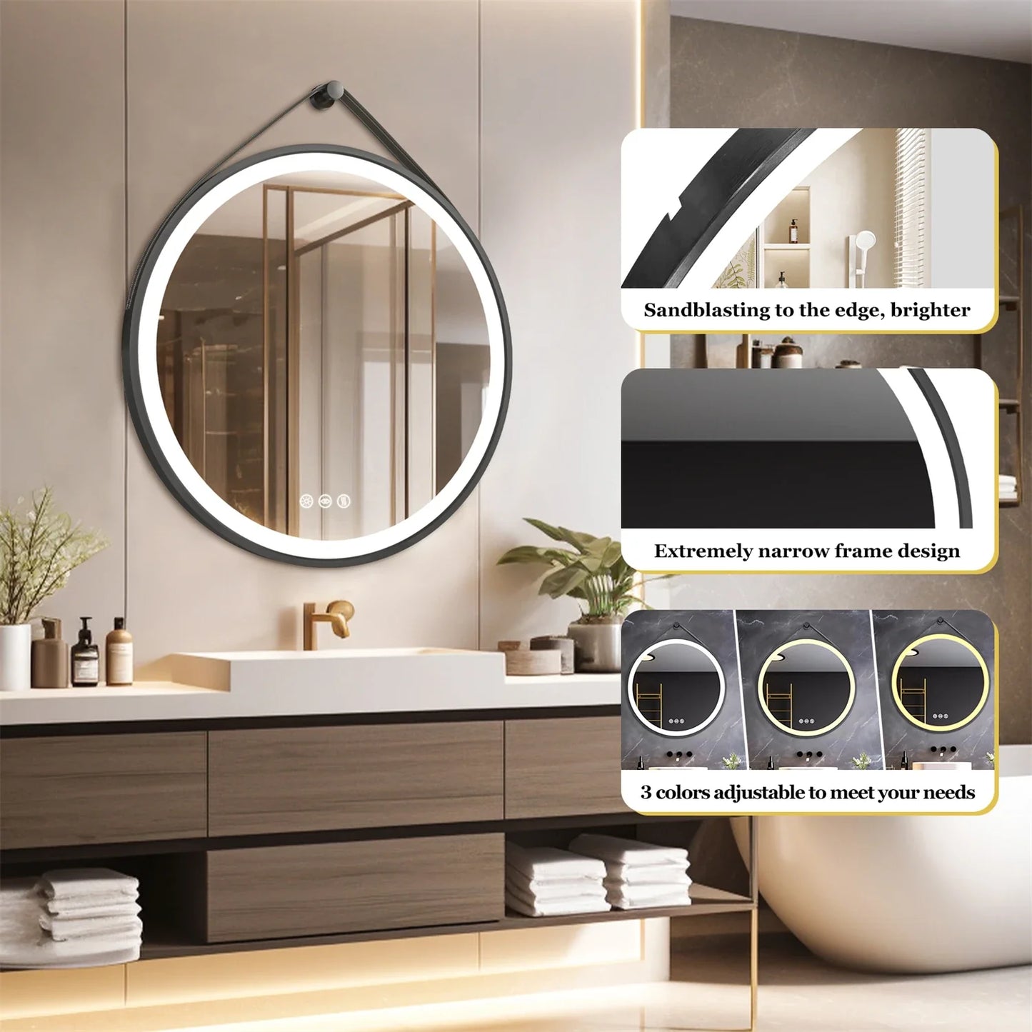 Round LED Bathroom Mirror With Leather Strap Anti Fog
