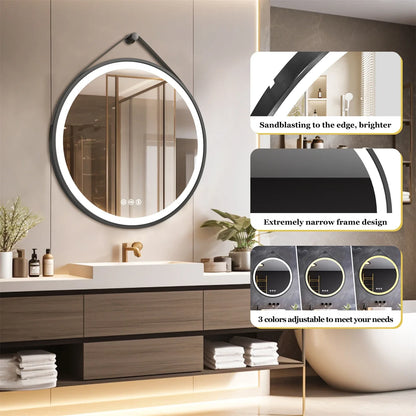 Round LED Bathroom Mirror With Leather Strap Anti Fog
