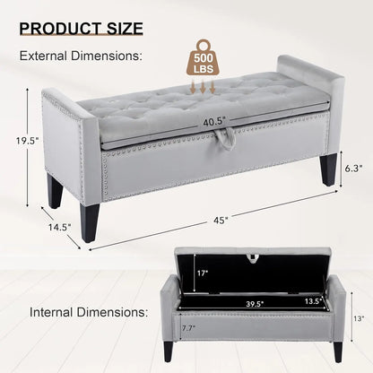 Velvet Storage Ottoman Bench With Button Tufting For Bedroom