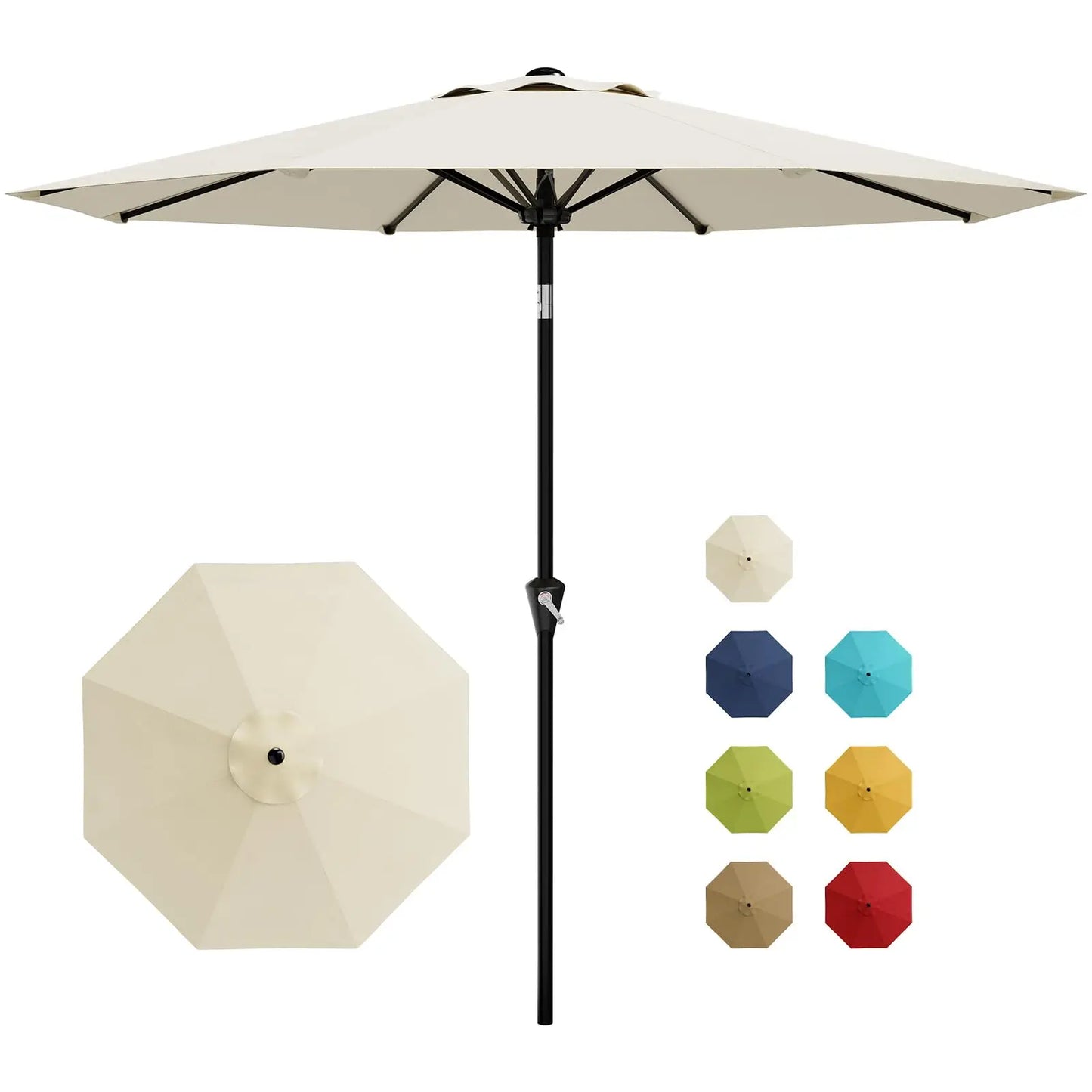 9FT Patio Umbrella With Crank & Tilt, Outdoor Market Umbrella, UV Protection Waterproof For Pool Deck, 8 Ribs Iron Frame
