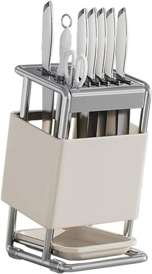 Knife Block with Drain Tray, Knife Holder without Knives, Kitchen Storage Knife Rack Decoration, Slanted Knife Stand