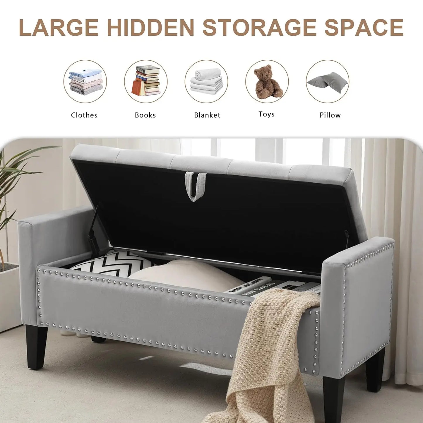 Velvet Storage Ottoman Bench With Button Tufting For Bedroom