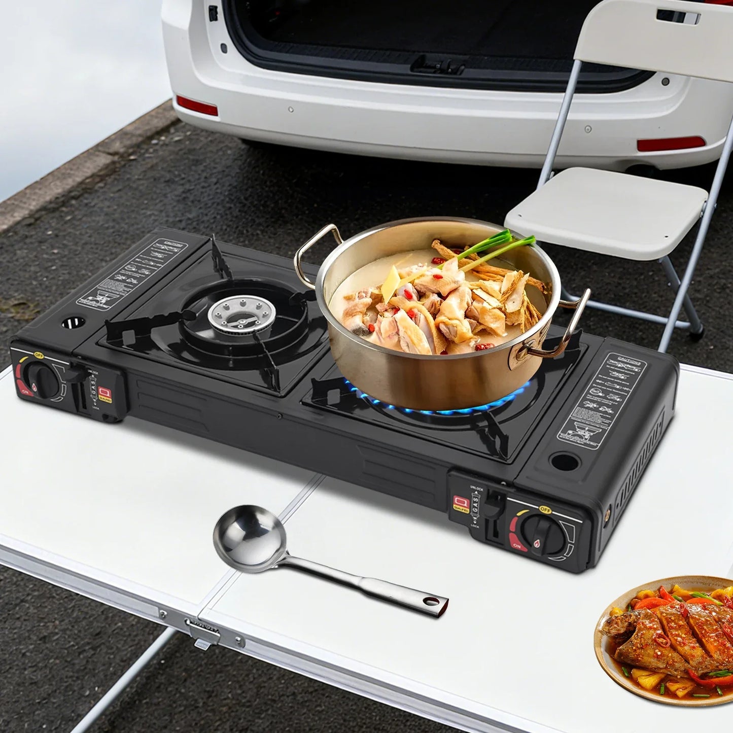 2 Burner Stove With Piezo Ignition Baking Tray Carrying Case