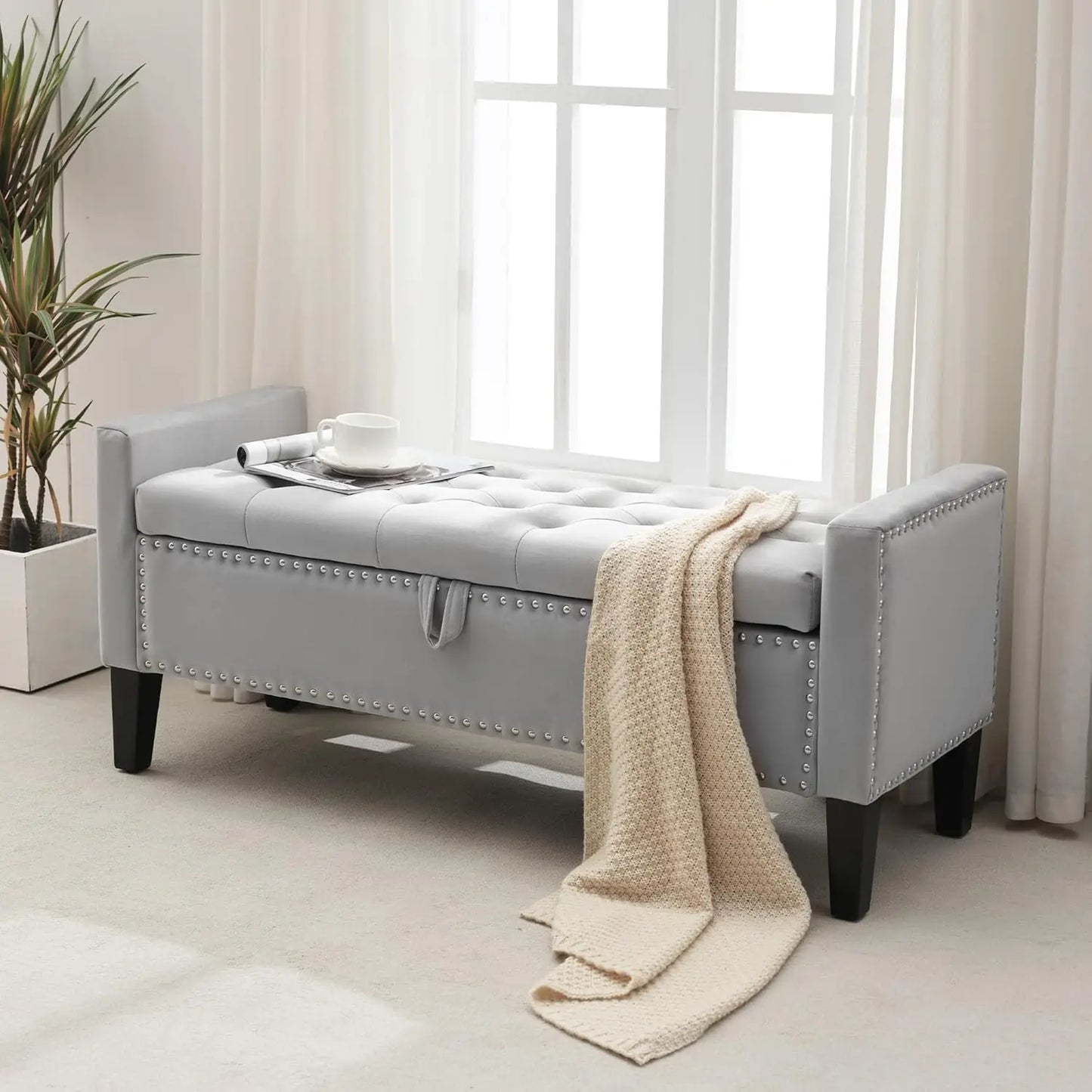 Velvet Storage Ottoman Bench With Button Tufting For Bedroom