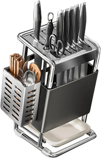 Knife Block with Drain Tray, Knife Holder without Knives, Kitchen Storage Knife Rack Decoration, Slanted Knife Stand