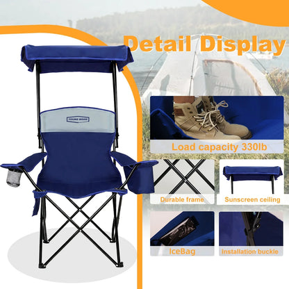 GERC Foldable Camping Chair With Sun Shade, Cooler Bag And Cup Holder Pocket