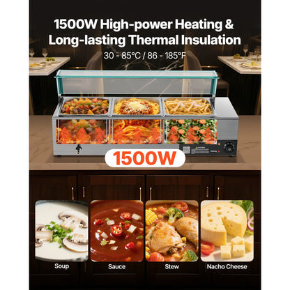 SucceBuy Commercial Food Warmer Stainless Steel Buffet With Glass Cover