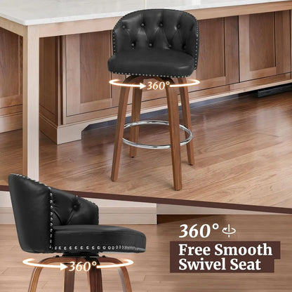 Wood Swivel Bar Stools Set With Faux Leather Upholstery