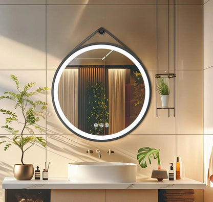 Round LED Bathroom Mirror With Leather Strap Anti Fog