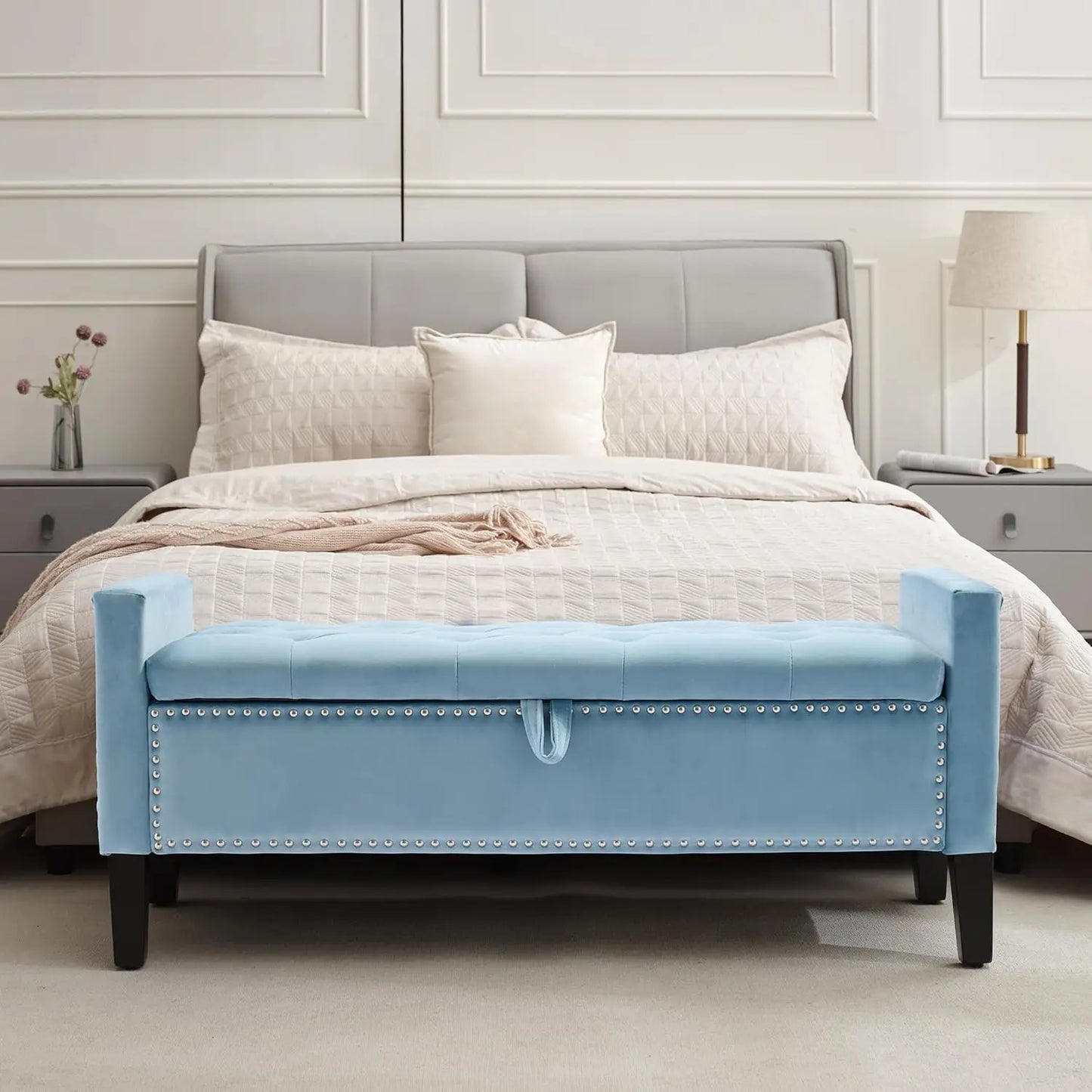 Velvet Storage Ottoman Bench With Button Tufting For Bedroom