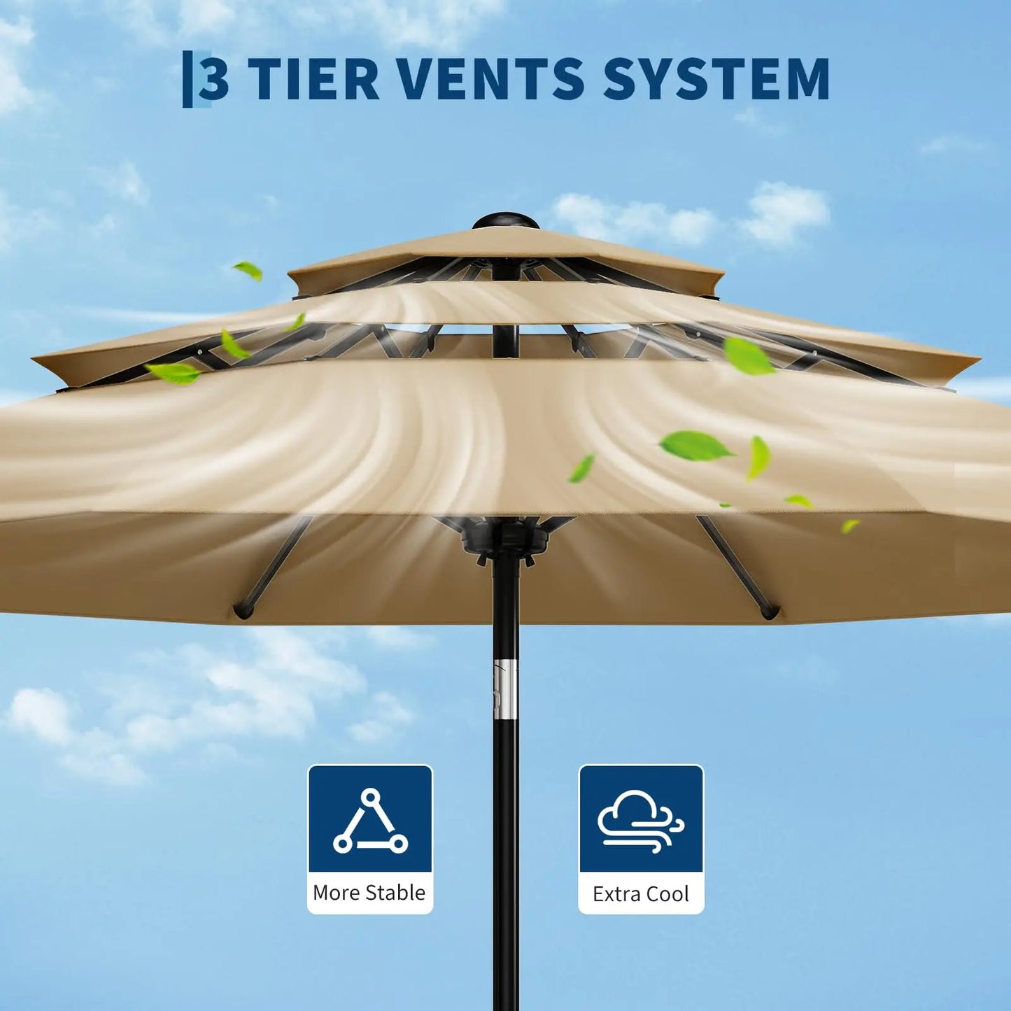 10FT 3-Tier Patio Umbrella Vented Outdoor Table Market Umbrella With Crank & Tilt Sunshade Fade Resistant For Pool Deck Yard