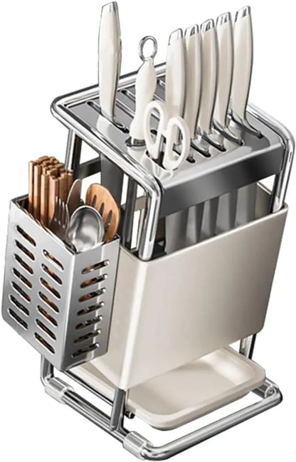 Knife Block with Drain Tray, Knife Holder without Knives, Kitchen Storage Knife Rack Decoration, Slanted Knife Stand